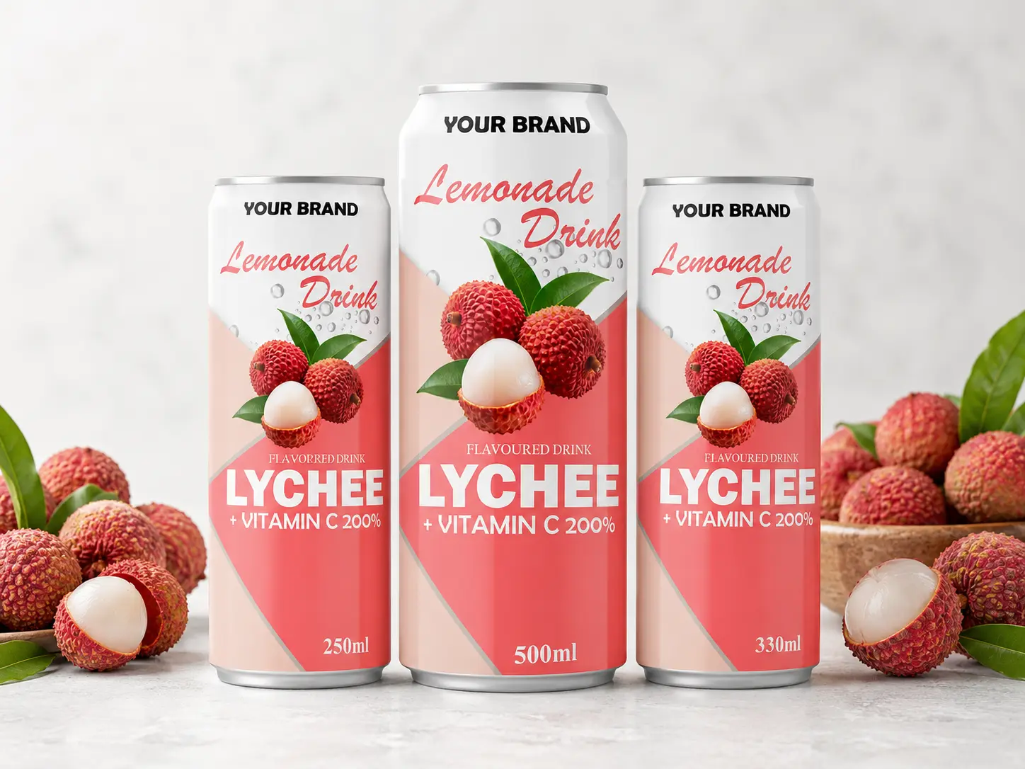 LEMONADE DRINK Lychee flavored drink with Vitamin C 200% shown in 250ml, 500ml, and 330ml cans.